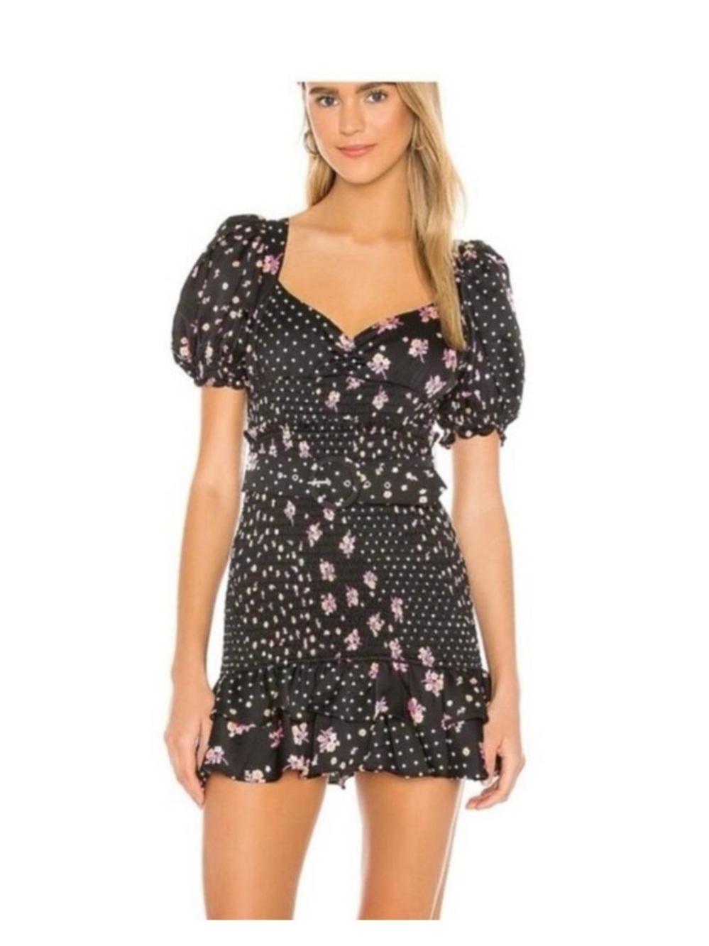 For Love & Lemons Black Mini Dress with Pink Floral and White Polka Dots